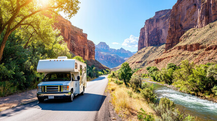 Obraz premium Scenic view of an RV traveling along a winding road through a stunning canyon landscape with rocky cliffs and flowing river