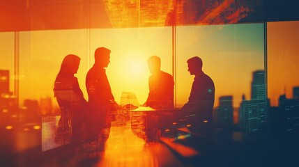 Fototapeta premium Silhouettes of Business people During a Meeting at Sunset