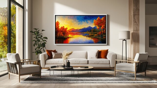 A modern living room with an AI-powered art frame that changes artwork based on room ambiance and viewer preferences