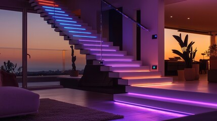 A modern staircase with embedded LED lights that change color based on the time of day and motion sensors