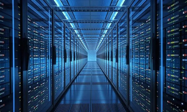 Through the transparent glass panels in the cutting-edge server room of a data center, luminous network cables transport vital digital information to and from sleek data servers, bathed in a cool blue