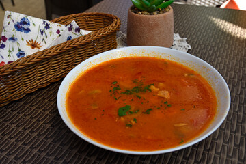 Warm soup on the table in a restaurant