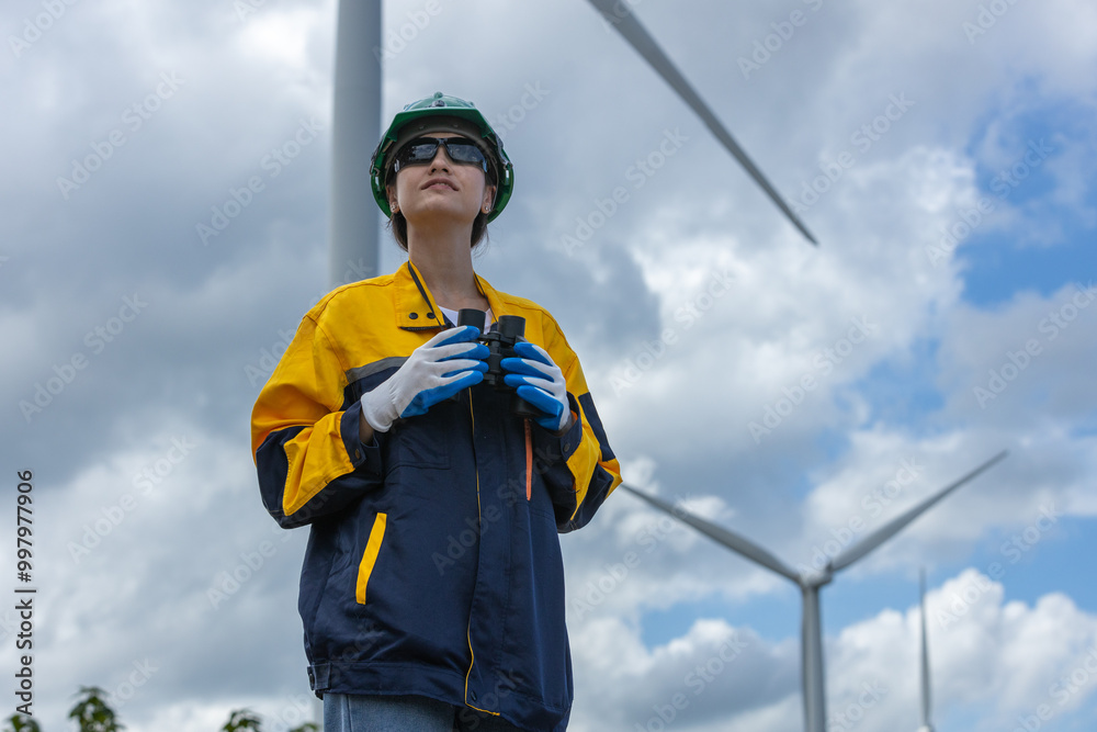 Poster renewable energy systems concept, engineer female working survey wind turbine for alternative energy