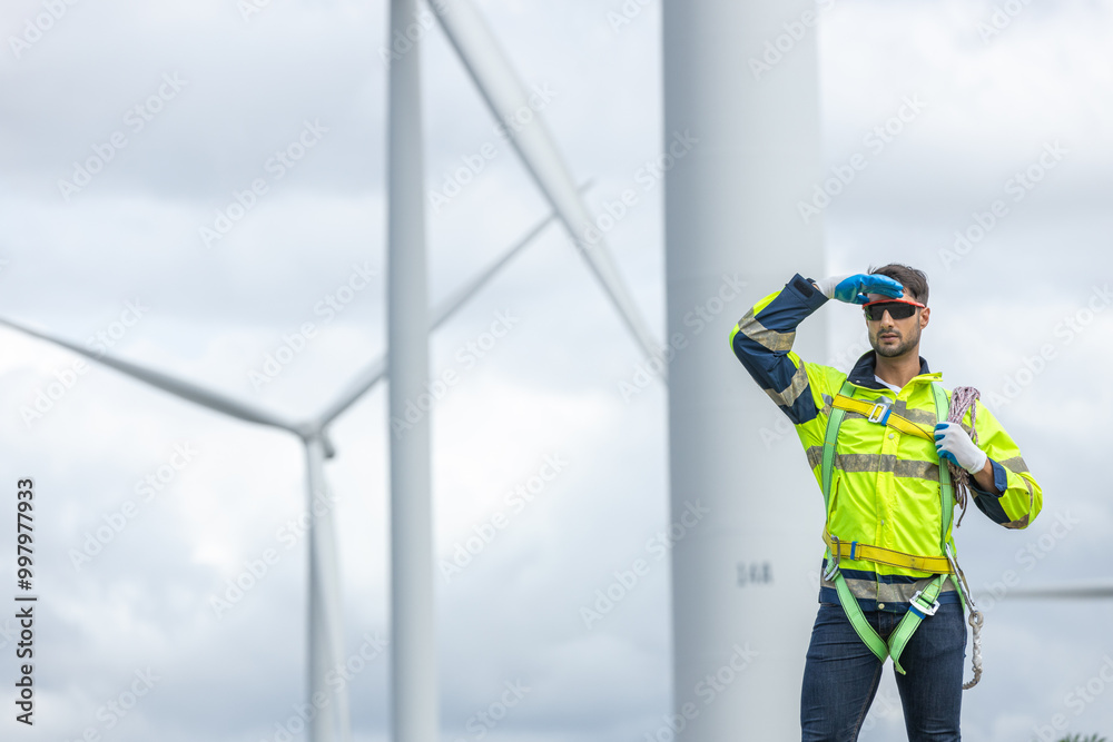 Poster Man engineers holding tools box and rope to maintenance working in wind turbine. Renewable energy power wind turbine. Technology protect environment reduce global warming problems