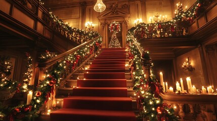 A grand staircase decorated with Christmas garlands and candles