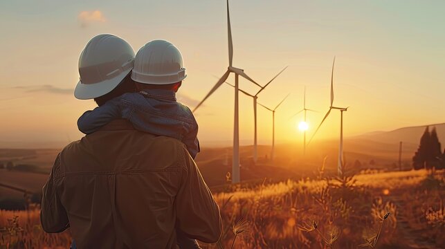 An engineer wearing white helmet is carrying his son on shoulders, they watching wind turbines in sunset time. green energy concept.
