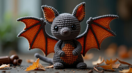 Fototapeta premium Handcrafted Crochet Bat Toy for Halloween, Amigurumi Bat Plushies, Cute Decor Ideas for Kids and Adults