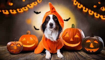 cute dog in a pumpkin costume with carved pumpkins in the background, Halloween dog, festive pet portrait