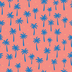 Tropical Palm Tree Seamless Pattern with Bold Blue Silhouettes on Coral Background in Vector Format for Digital and Print Projects
