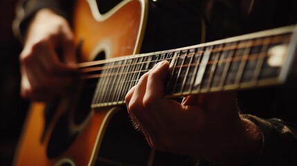 Obraz premium Playing an electro-acoustic guitar with a man hand. up close. A human hand holding a guitar. The school for guitarists. The school for guitarists.