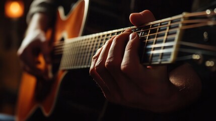 Obraz premium Playing an electro-acoustic guitar with a man hand. up close. A human hand holding a guitar. The school for guitarists. The school for guitarists.