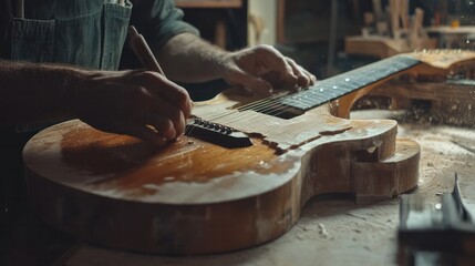 A close-up of a smith creating an electronic guitar. A skilled carpenter uses a grinding machine to smooth the body of a guitar. Caucasian craftsman in a chic workshop. notion of both entrepreneurship