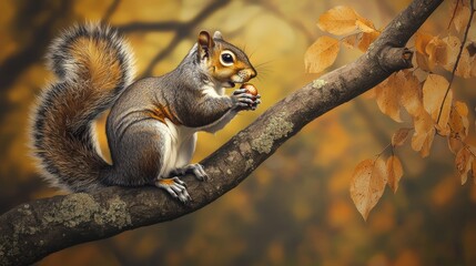 Obraz premium Squirrel Nibbling on Nut in Autumn Setting