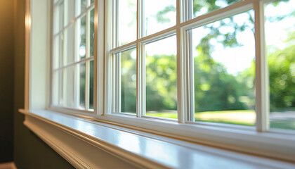 Fototapeta premium White window frame letting in natural light with trees outside