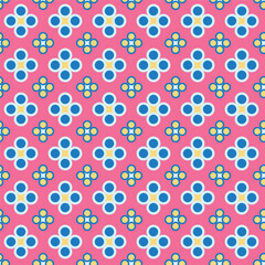 Geometric Floral Seamless Pattern with Blue, Yellow, and White Petals on a Vibrant Pink Background in Vector Format for Digital and Print Projects