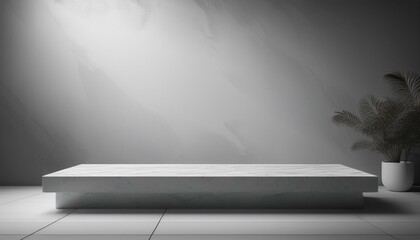 Obraz premium Studio with podium for product presentation. Empty floor and white wall with stand. 3D room with gradient background. Countertop with concrete or marble texture 