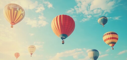 Fototapeta premium Colorful hot air balloons flying in a blue sky with clouds.