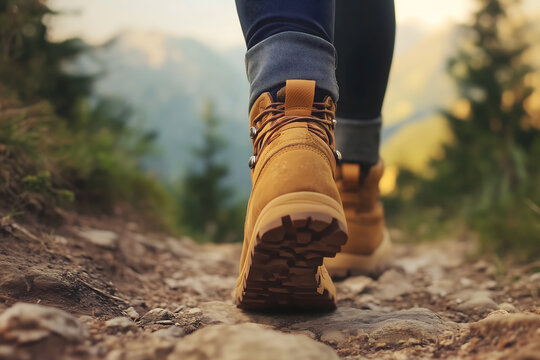 Close-up of feet in hiking boots walking on a path at the mountain, representing the concept of outdoor activity in nature.