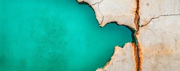 Obraz premium A close-up of cracked concrete revealing vibrant turquoise water, showcasing a unique blend of texture and color in abstract design.
