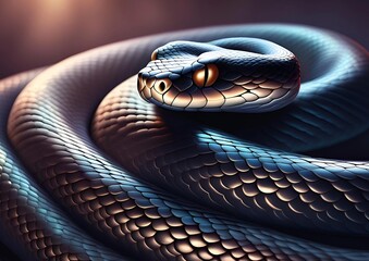 Snake with Jet Black Color Quietly Waiting for Prey Realistic Clean and detail Scales Black Background