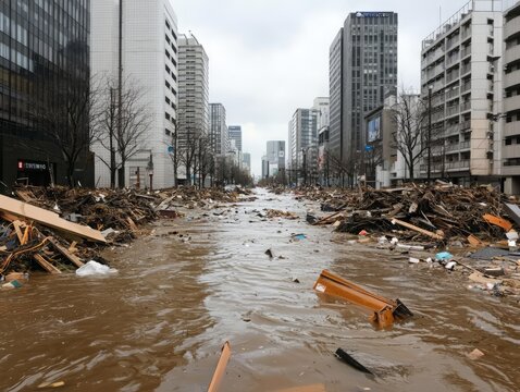 A devastated city scene after flooding, showcasing debris and rising water amidst urban architecture.