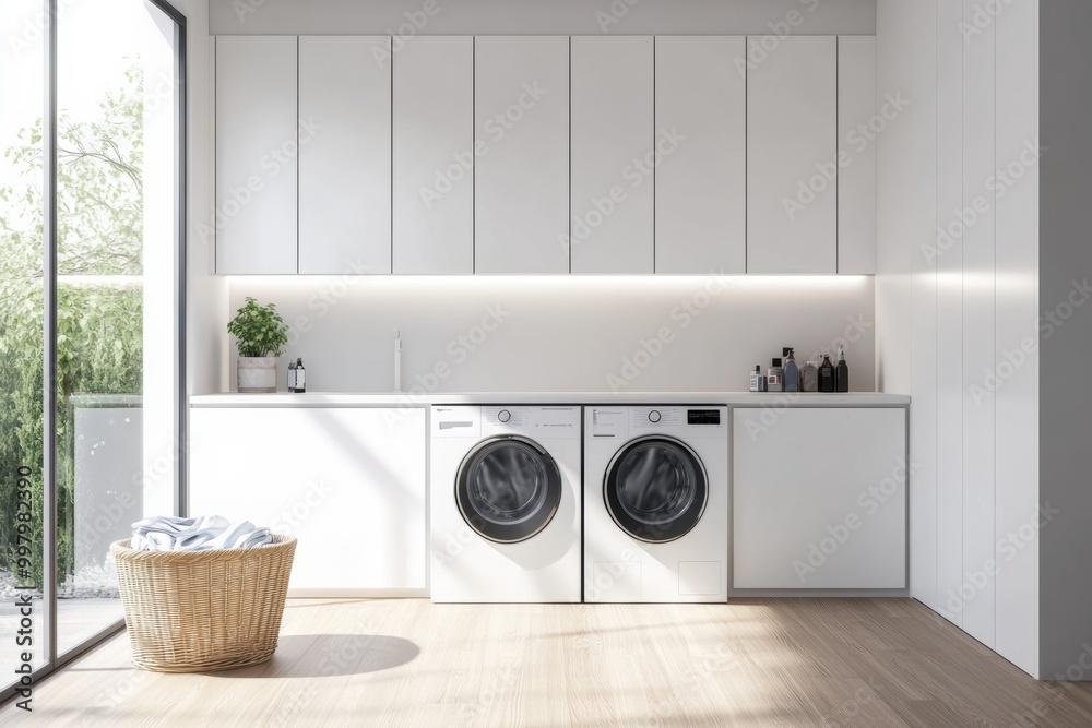 Poster this well-designed laundry room showcases built-in washing and drying machines, complemented by slee