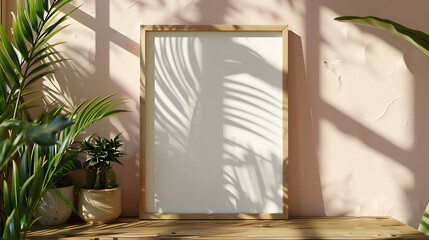 A blank frame on a wooden table with a pink wall in the background, a green plant casts a shadow on the wall.