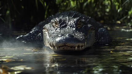 Fototapeta premium Large alligator cold-bloodedly watching its prey 