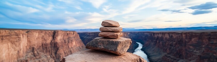 A serene landscape featuring stacked stones balancing on a cliff over a winding river, showcasing nature's beauty and tranquility.