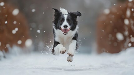 A playful Border Collie dog running and jumping joyfully in a snowy winter landscape.