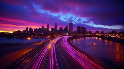 Obraz premium Vibrant city skyline with colorful sunset and illuminated highway lights