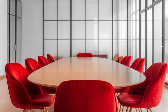 Modern minimalist meeting room interior with a long oval table and red velvet chairs