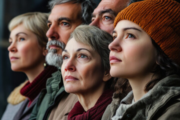 Side profile of diverse multi-generational family looking forward. Group of people are standing together and looking towards future with hope. Concept of family bonds, unity and passage of time