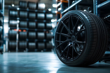 A new black tire with a stylish rim stands on the floor of an auto shop, surrounded by shelves filled with different types and sizes of tires