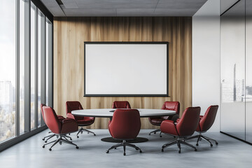 A modern office with large windows, red leather chairs around a round table in front of a screen