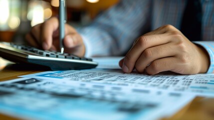 A person uses a calculator while reviewing tax forms on a table, focusing on calculations during the tax preparation period