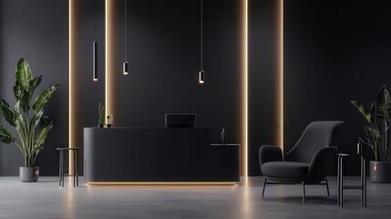 Modern minimalist reception area with dark colors and sleek furniture