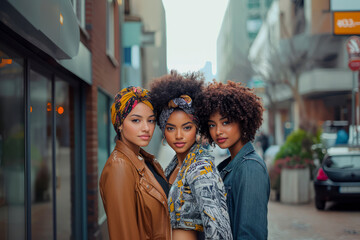 Fototapeta premium Three Afro women wearing headwraps in a stylish urban setting.