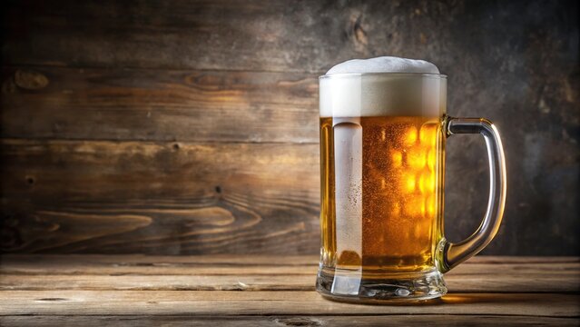 Fisheye beer mug on table with Pilsner lager golden beer