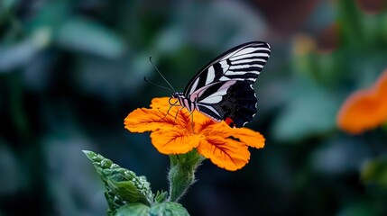 Fototapeta premium Butterfly resting on a vibrant orange flower in a garden setting