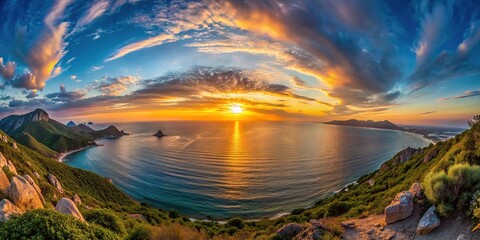 Fisheye big sunset over the sea beyond the mountains
