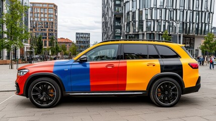 Colorful vehicle featuring vibrant stripes in urban city environment