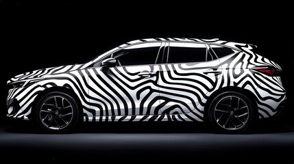 Fototapeta premium Black and white zebra-striped car design with modern sleek appearance