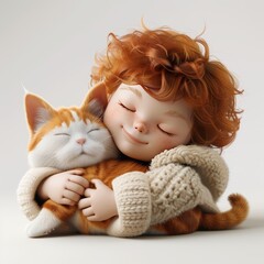Fototapeta premium Cartoon 3D child and cat napping together in a cozy corner Isolated white background