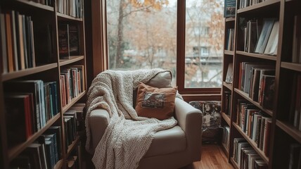Cozy reading nook with a chair, bookshelves, and a warm blanket by a window.