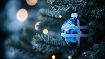 close-up of a christmas tree decoration featuring a blue ornament alongside the finnish flag, beautifully hanging from pine branches, highlighted by a blurred background and soft bokeh lights for a fe
