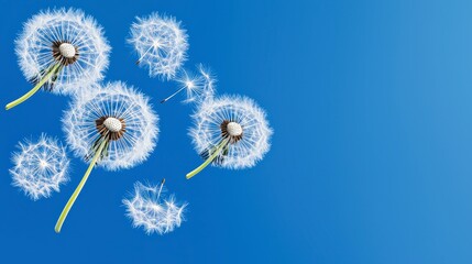 Obraz premium Dandelions floating in the blue sky with a gentle breeze
