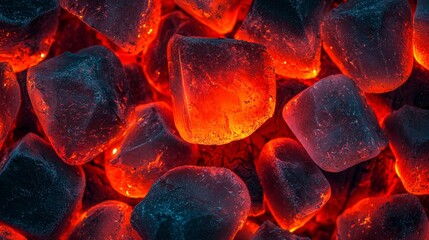 Glowing hot coals radiate heat and intense fiery orange light