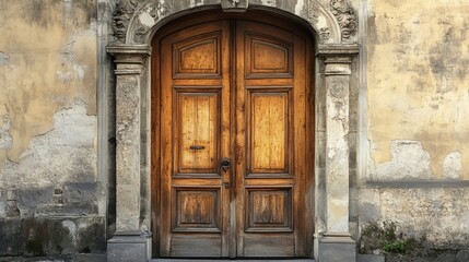 Fototapeta premium An old, elegant wooden door featuring intricate carvings and a rich patina that reflects its age and character. 