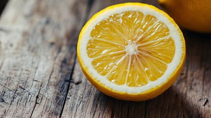 Slices of fresh lemon arranged on a rustic wooden background, their vibrant yellow color contrasting beautifully with the natural wood texture.
